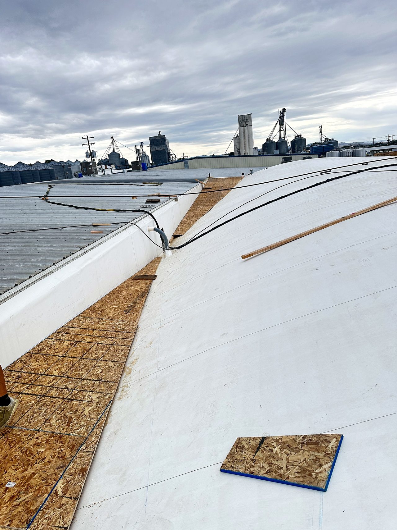 Metal roof with coated and uncoated sections side by side at Driscoll Potatoes, American Falls, Idaho