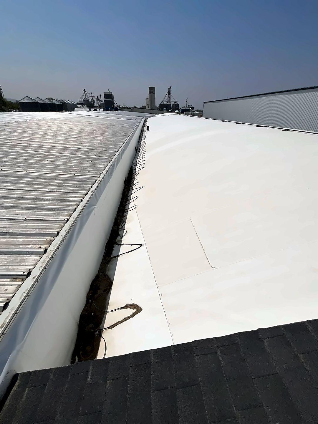 White-coated low-slope section between two metal roofs at Driscoll Potatoes, American Falls, Idaho
